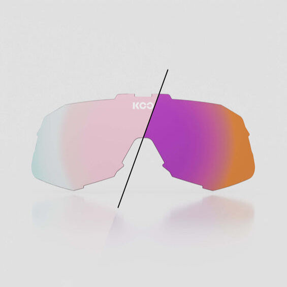 Multicolored sunglasses with a brand logo on a light gray background