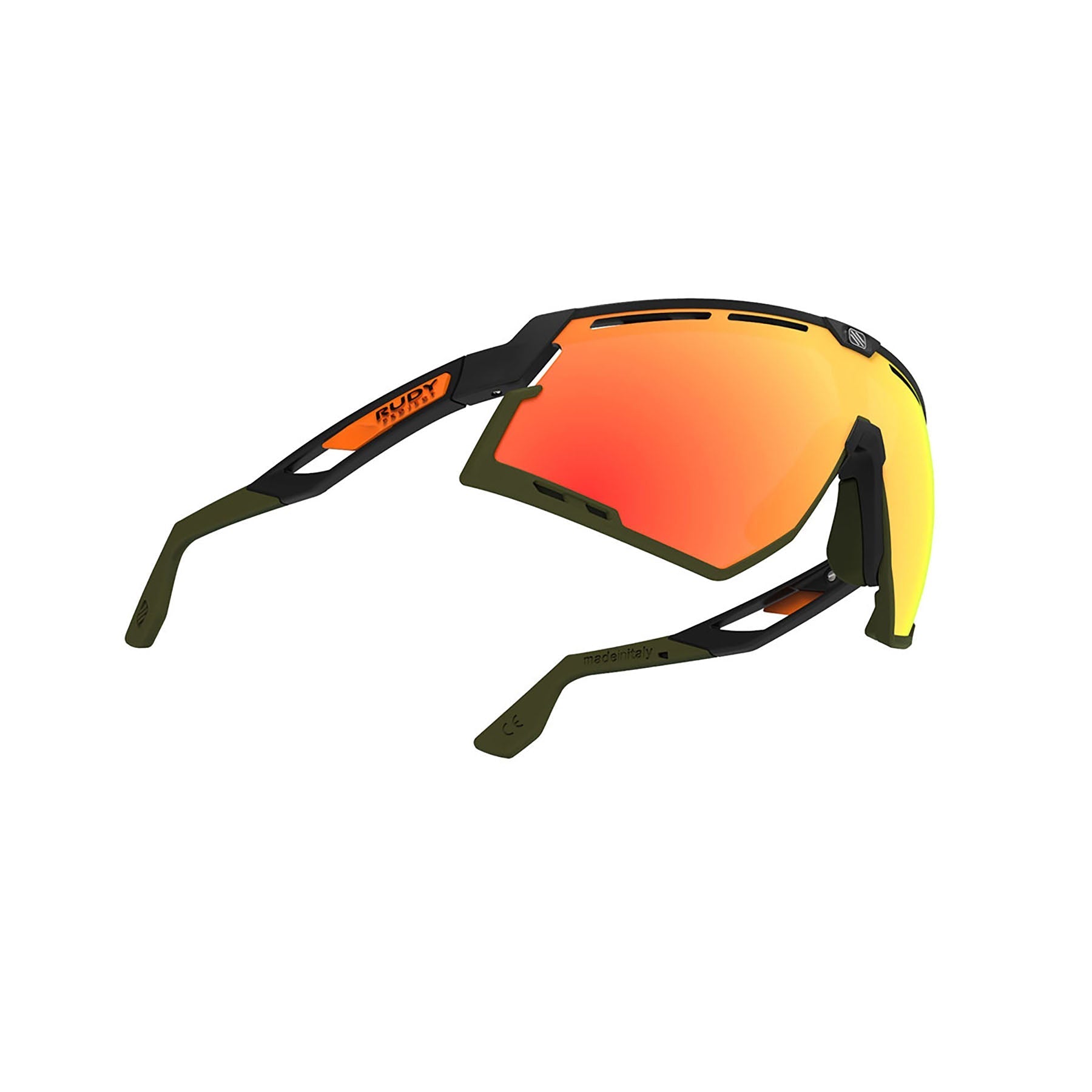 Rudy Project running and cycling sport sunglasses#color_defender-matte-black-frame-and-multilaser-orange-lenses-olive-orange-stripes-bumpers