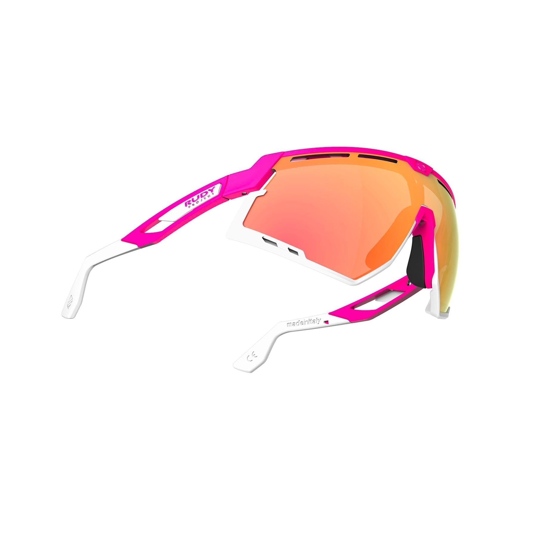Rudy Project Defender running and cycling sport and sport prescription sunglasses#color_defender-pink-fluo-matte-frame-with-multilaser-orange-lenses-white-bumpers