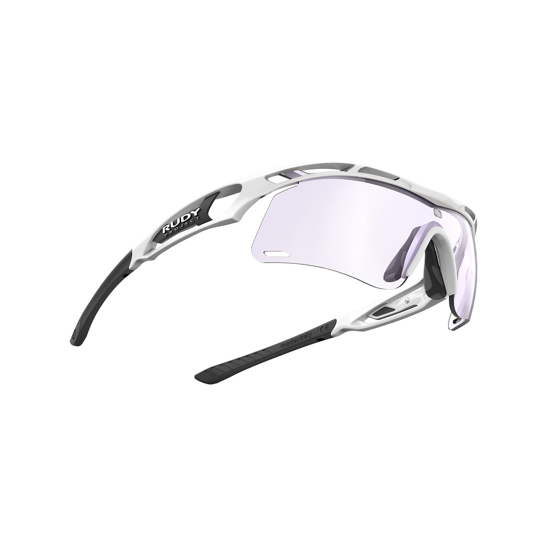 Rudy Project Tralyx running and cycling sport shield prescription sunglasses#color_tralyx-plus-slim-white-gloss-frame-with-impactx-photochromic-2-laser-purple-lenses