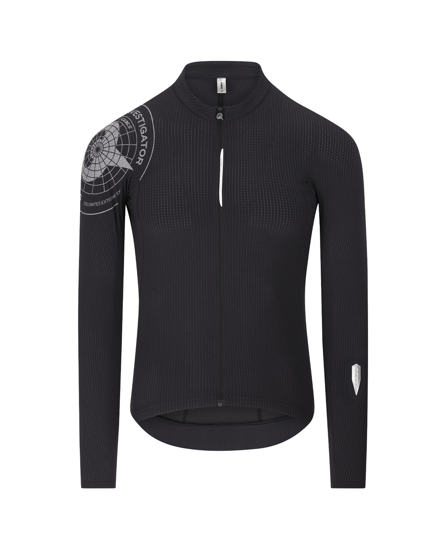 A black long-sleeve cycling jersey with a textured waffle knit pattern, a high collar, and a front zipper. It features a white circular graphic on the right shoulder with the brand name 'SALVY' and a white reflective shield on the left sleeve, shown against a plain white background.