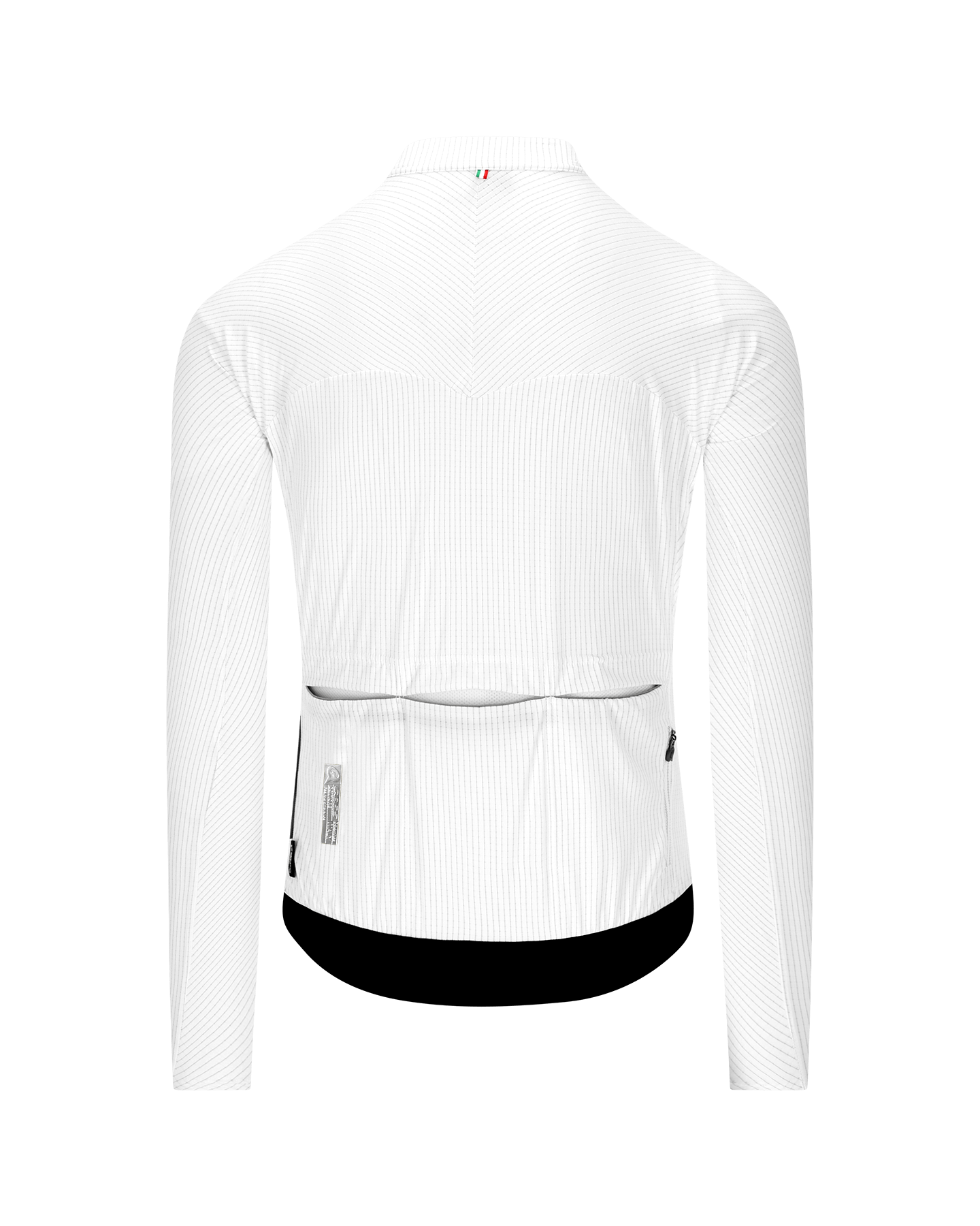 White long-sleeve cycling jersey shown from the back, featuring a high collar, subtle vertical ribbed texture, a black hem, and a rear pocket.