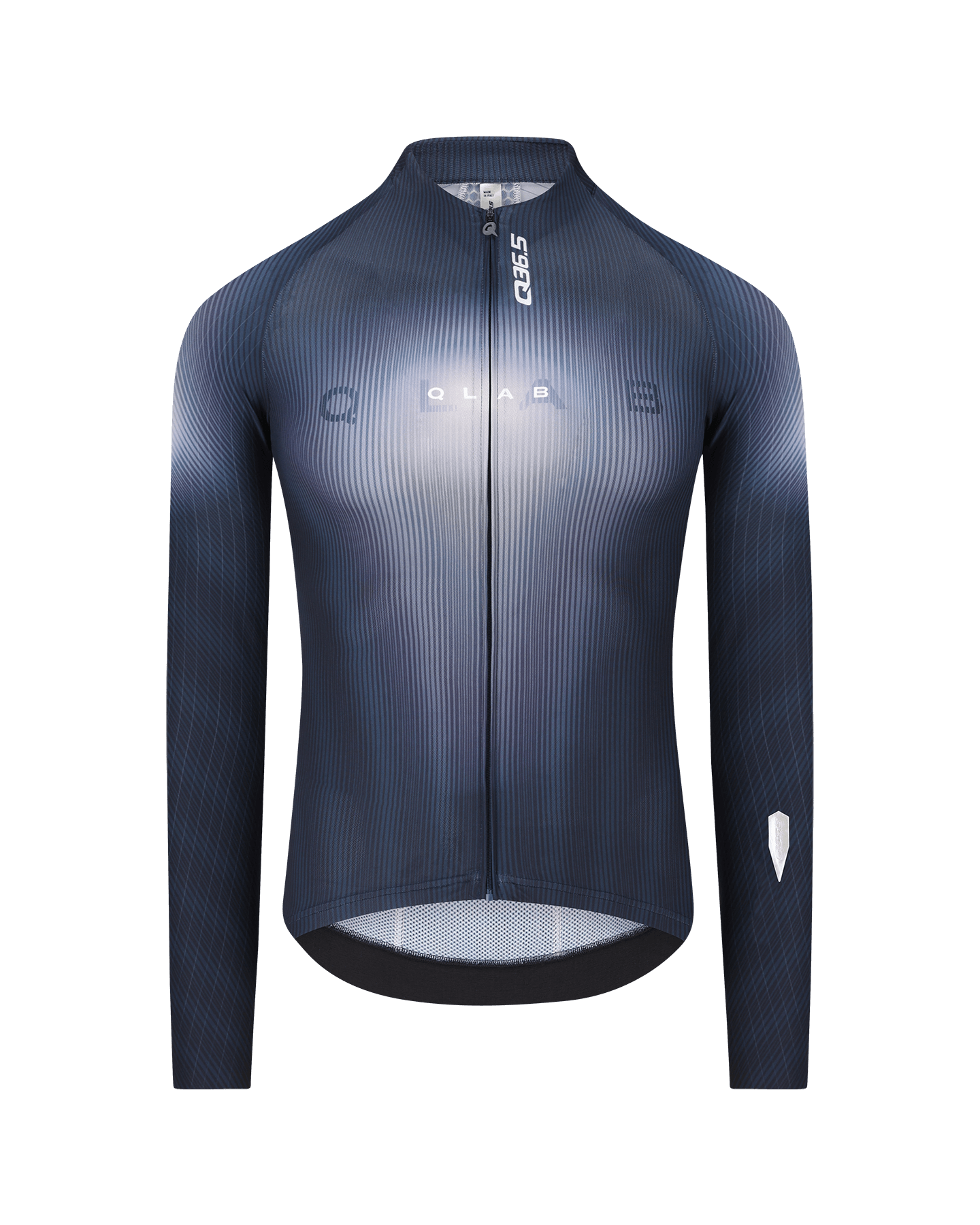 A long-sleeve cycling jersey with a dark blue to black vertical ribbed gradient, featuring a full-length front zipper, a high collar, and the brand name 'QUAKERS' printed across the chest.