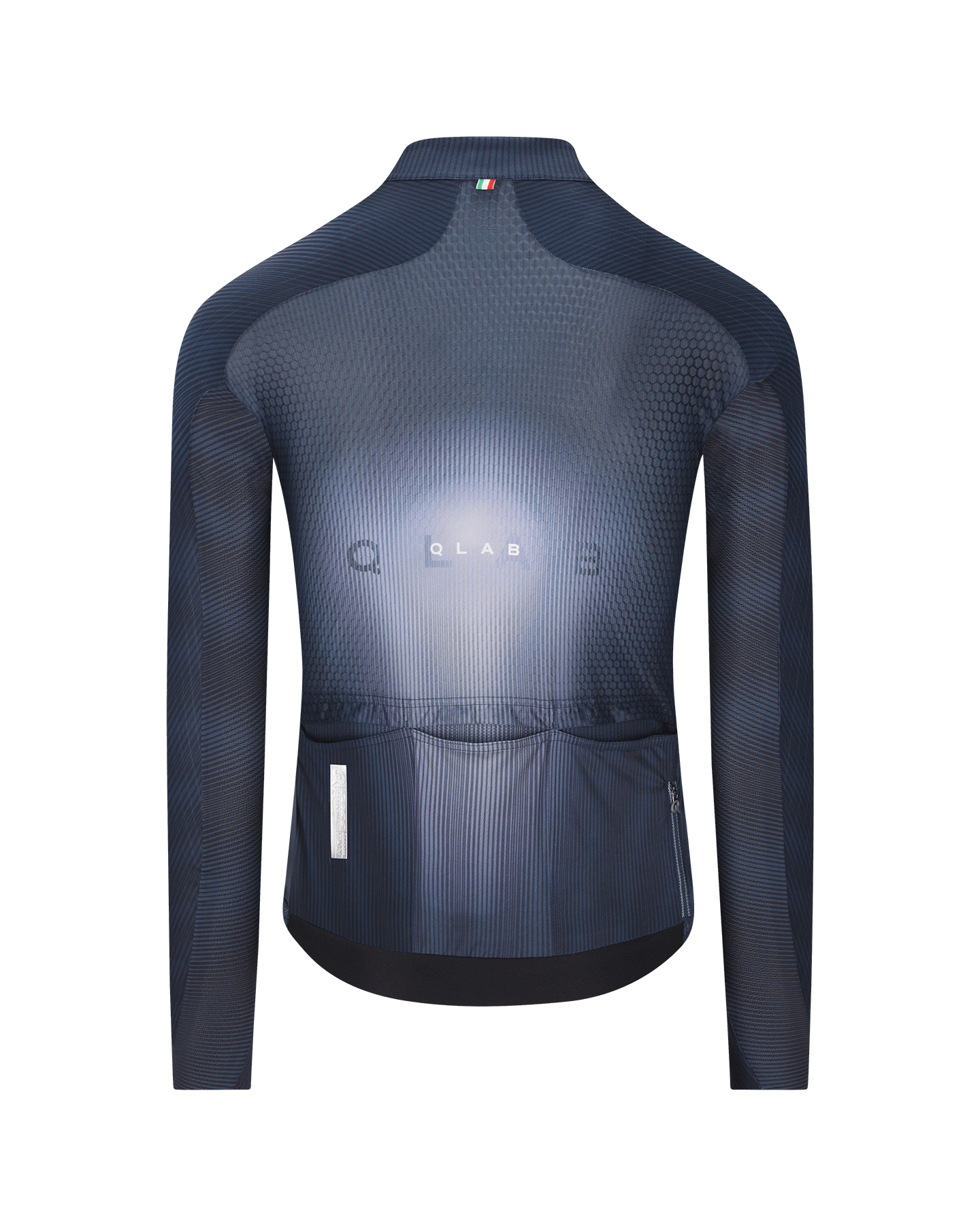 A dark navy blue long-sleeve cycling jersey shown from the back, featuring a subtle textured pattern, a high mock neck, and the brand name 'Q-CLUB' printed across the upper back.