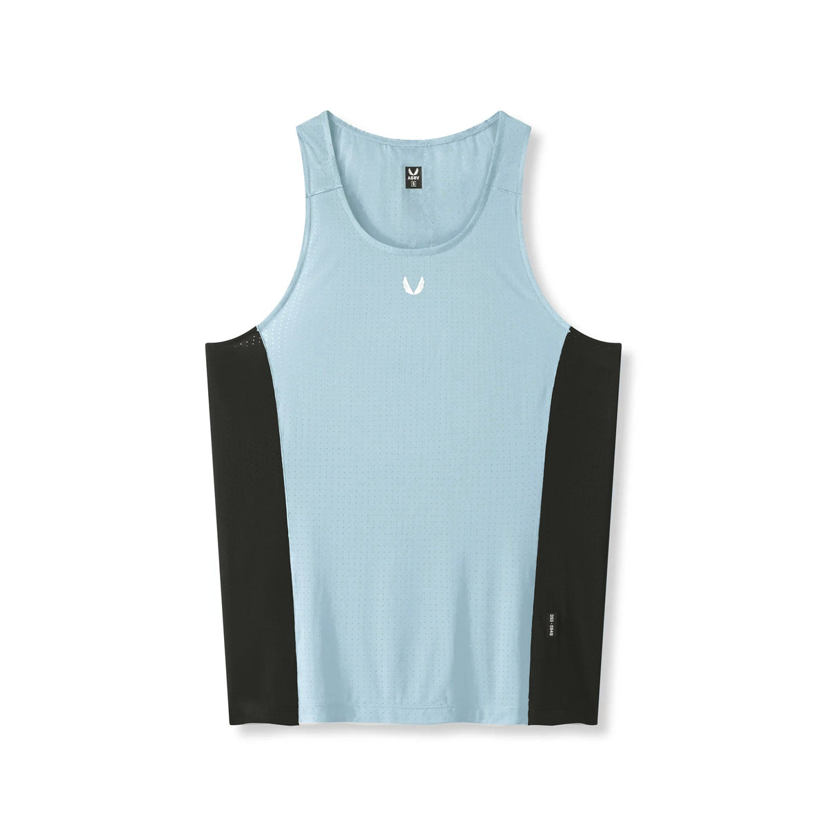 flatlay Laser-Vent Singlet Tank in light sky blue and black, front view