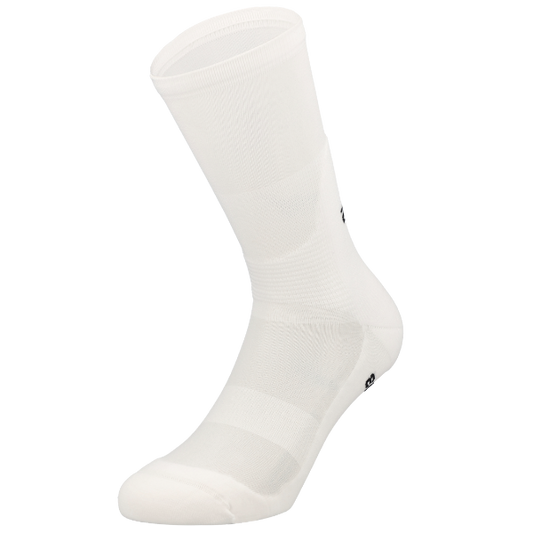 A single white athletic crew sock shown on a ghost mannequin against a plain white background.