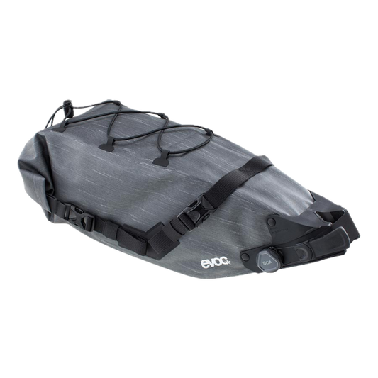 Gray bike seat pack with black straps on a white background