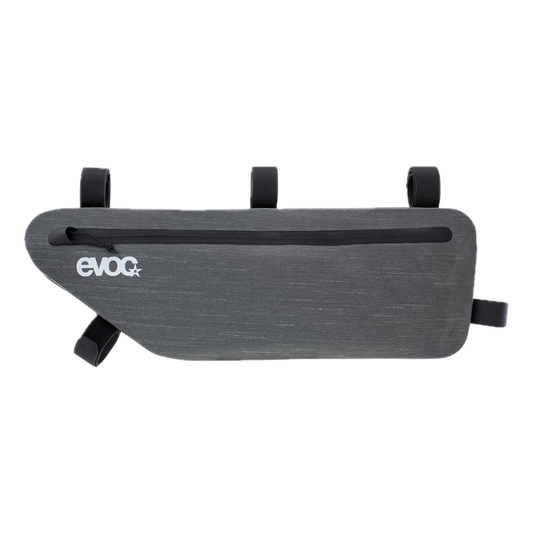 Gray bike frame bag with 'evoc' branding on a white background
