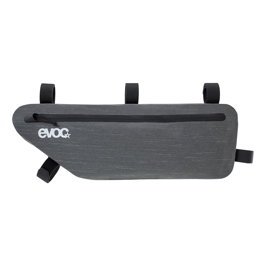 Gray bike frame bag with 'evoc' branding on a white background