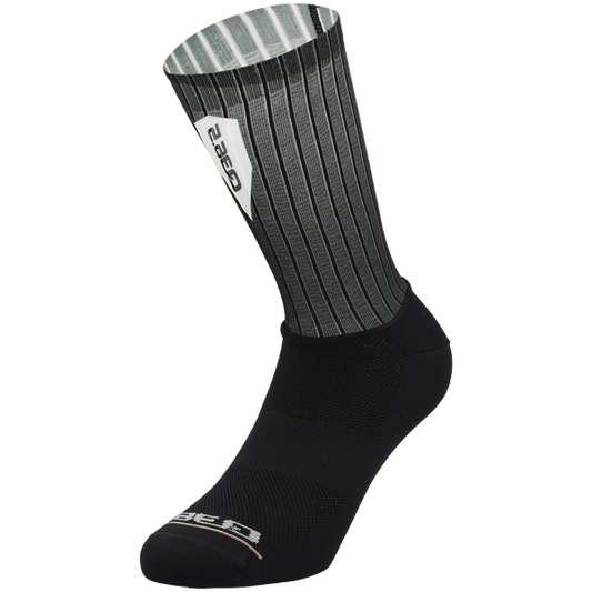 Black and gray sock with brand logo on a white background