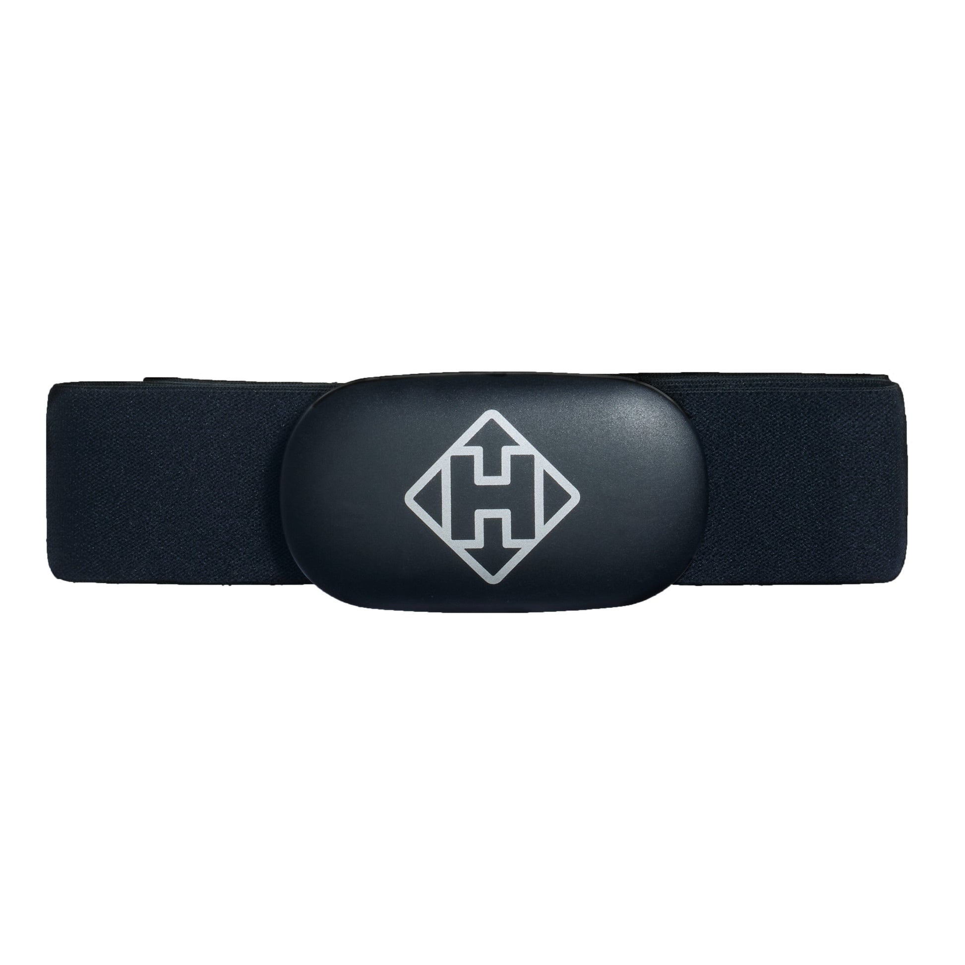Black heart rate monitor band with a logo on a white background