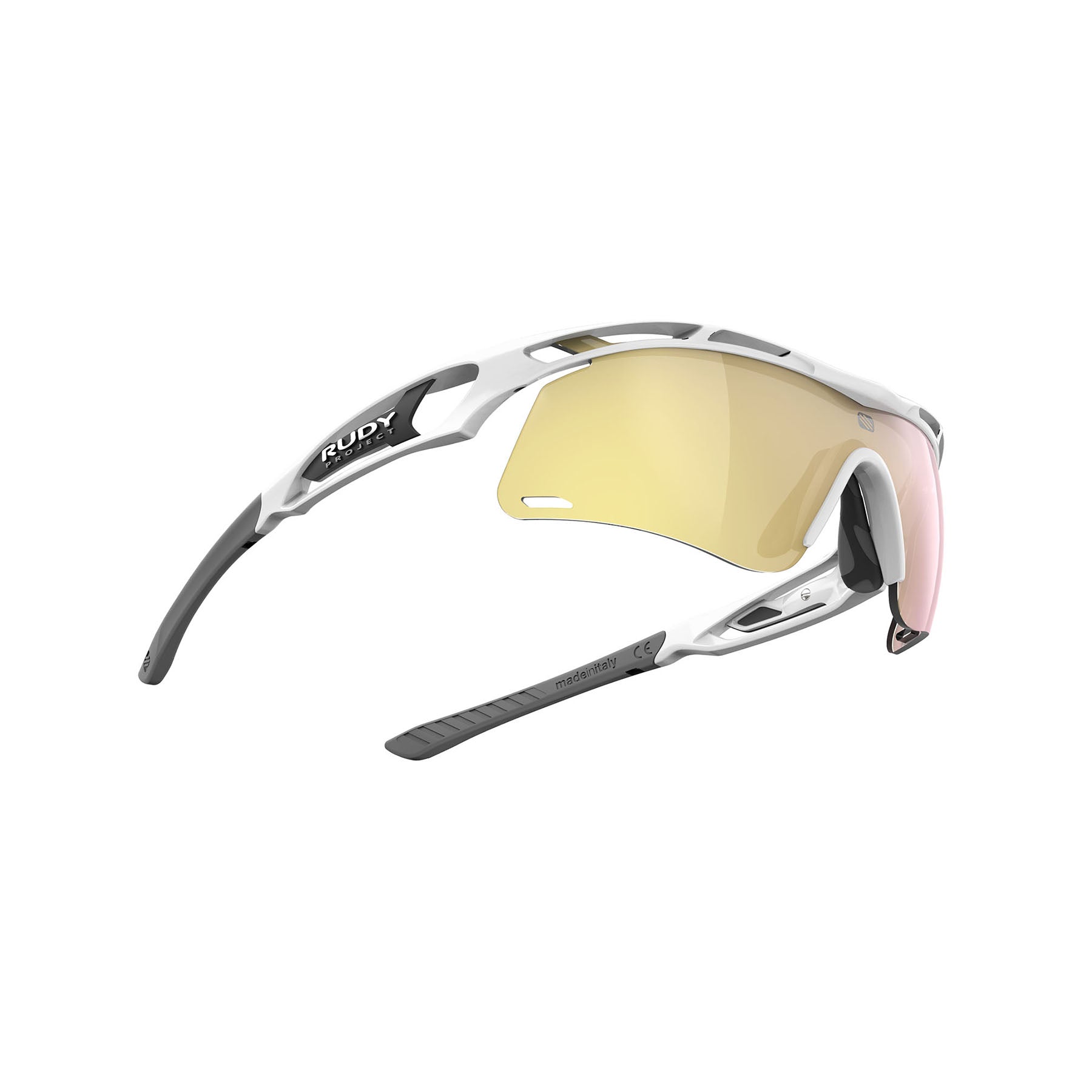 Rudy Project Tralyx running and cycling sport shield prescription sunglasses#color_tralyx-plus-slim-white-gloss-frame-with-multilaser-gold-lenses